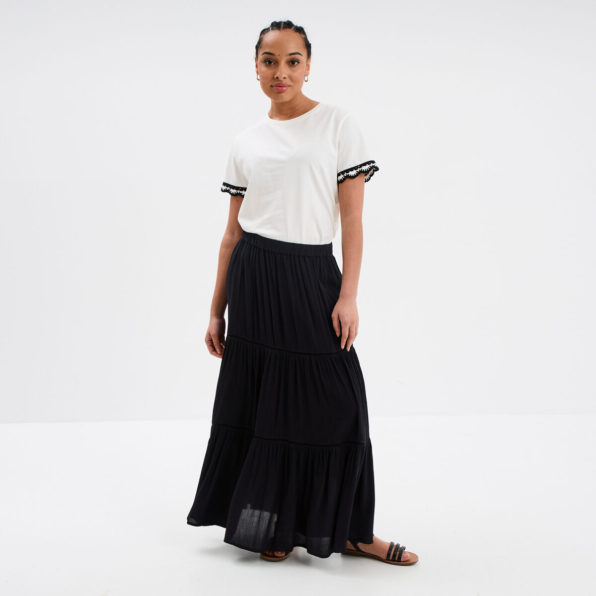 Jupe longue fluide taille élastiquée noir femme