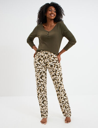Ensemble pyjama manches longues 2 pièces vert kaki femme