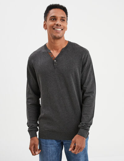 Pull col tunisien manches longues gris foncé homme