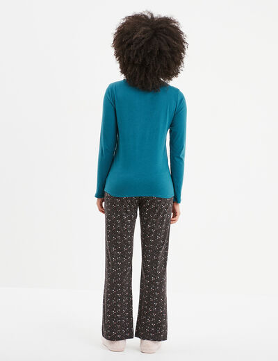 Ensemble pyjama pantalon 2 pièces coton bleu canard femme