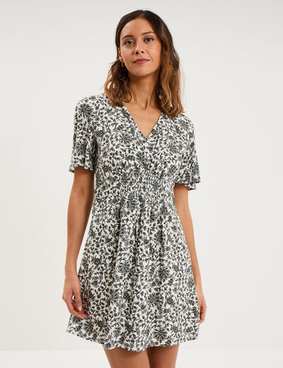 Robe courte col en V taille smock&eacute;e ecru femme