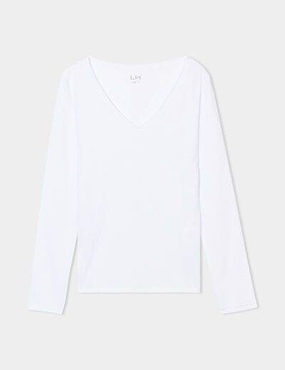 T-shirt manches longues col en V coton blanc femme
