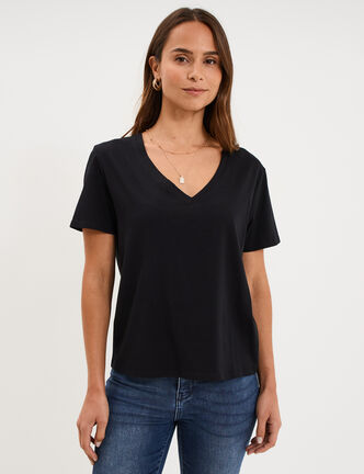 T-shirt manches courtes col en V coton noir femme
