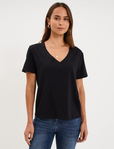 T-shirt manches courtes col en V coton noir femme