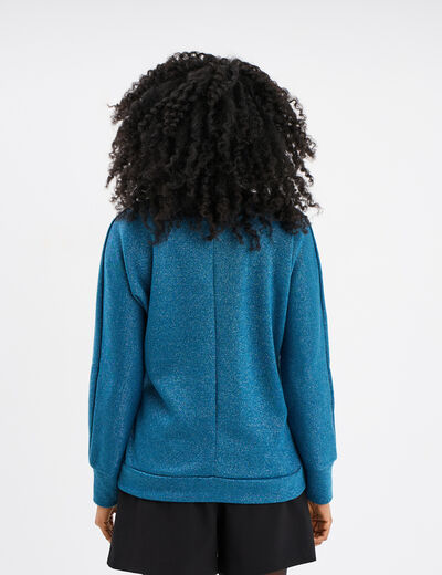 Pull chauve-souris col en V détail zippé bleu pétrole femme