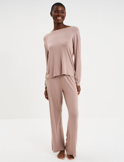 Ensemble pyjama t-shirt et pantalon marron clair femme