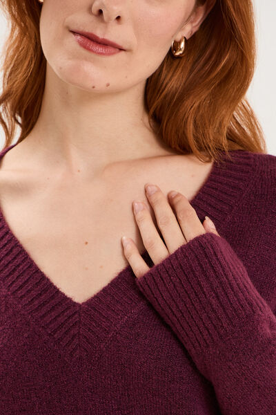 Pull col en V manches longues prune femme
