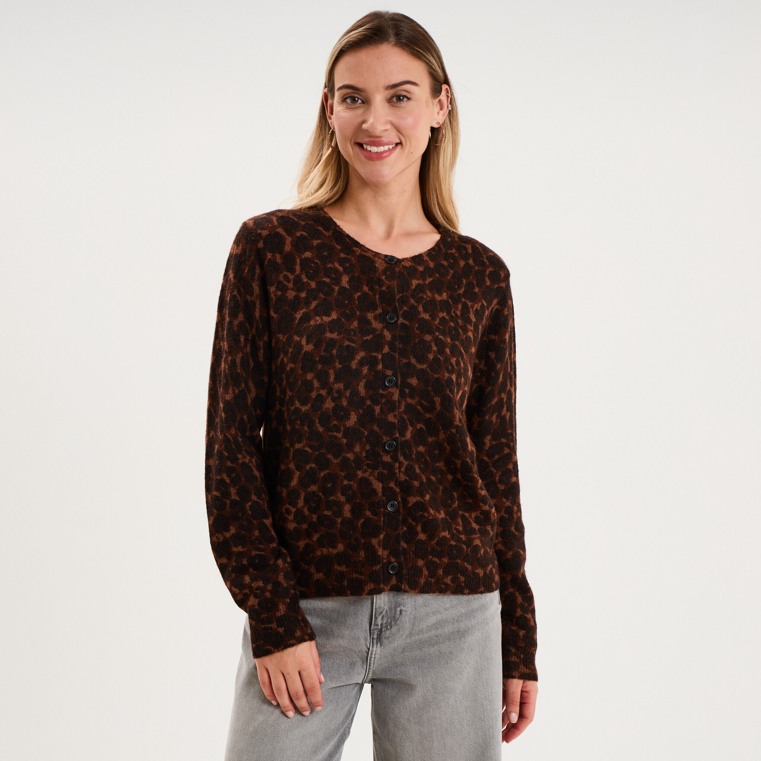 Gilet ajusté col rond manches longues marron femme LH