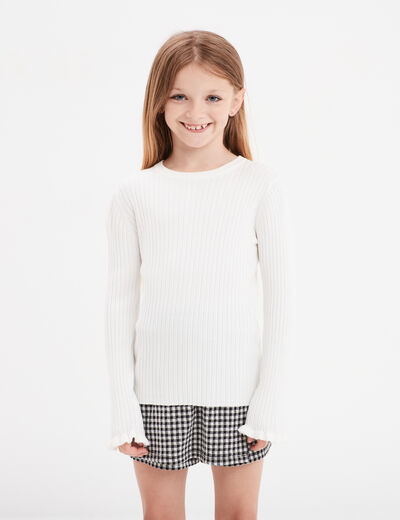 Pull côtelé ajusté manches longues ivoire fille