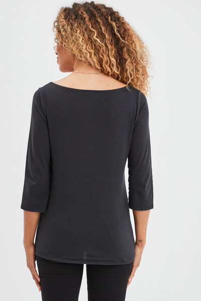 T-shirt col bateau manches 3/4 noir femme