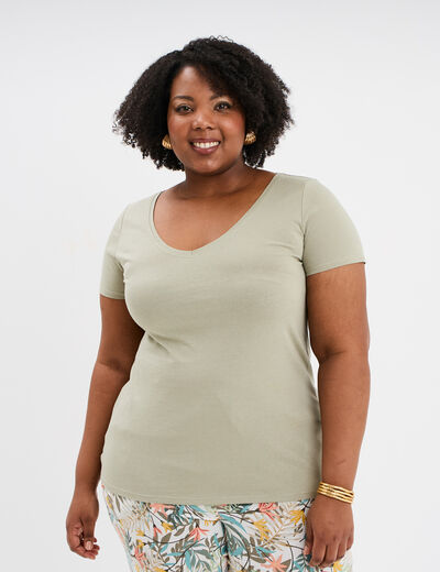 T-shirt col en V manches courtes coton vert kaki femme grande taille