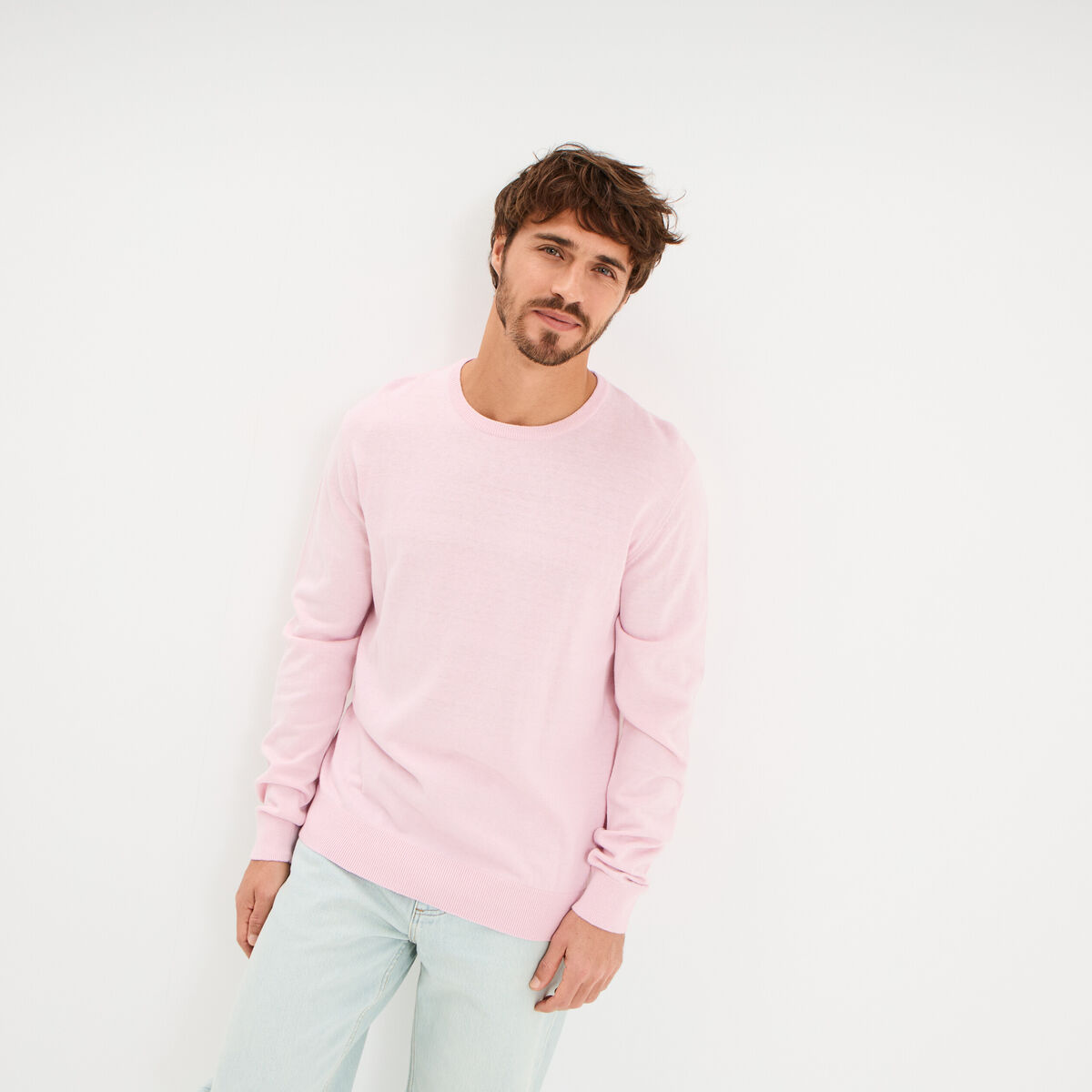 Pull droit col rond coton m&eacute;lang&eacute; rose pastel homme
