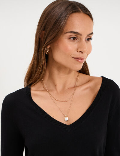 Pull col en V manches longues noir femme