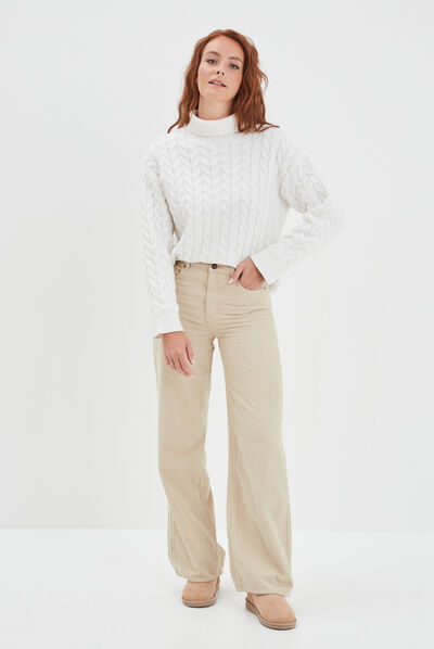 Pantalon velours taille haute large blanc femme