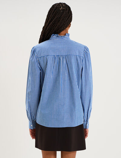 Blouse col montant &agrave; volants coton bleu femme