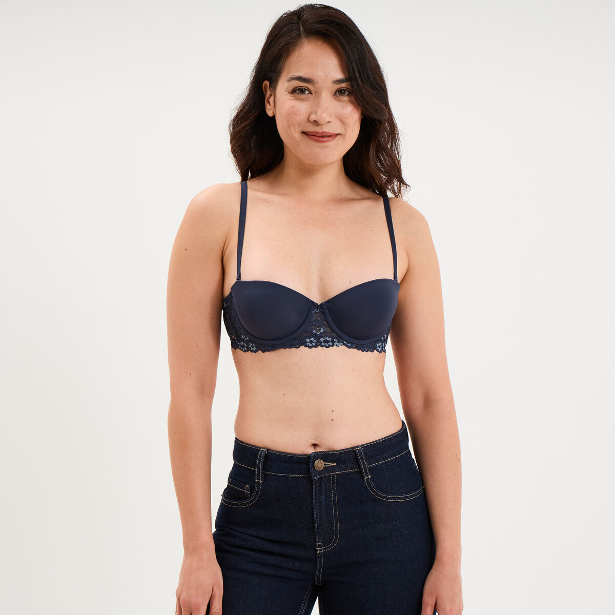 Soutien-gorge balconnet micro dentelle bleu marine femme