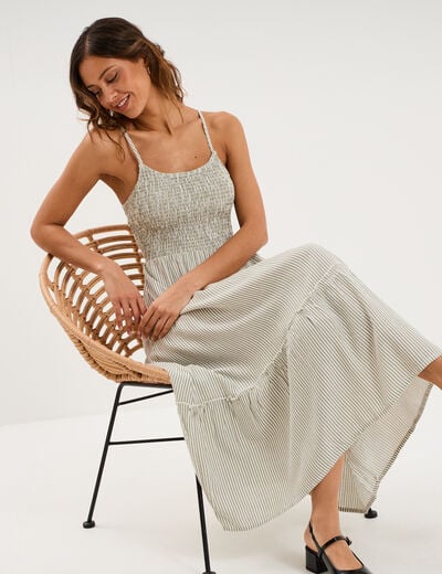 Robe longue buste smock&eacute; lin m&eacute;lang&eacute; blanc femme