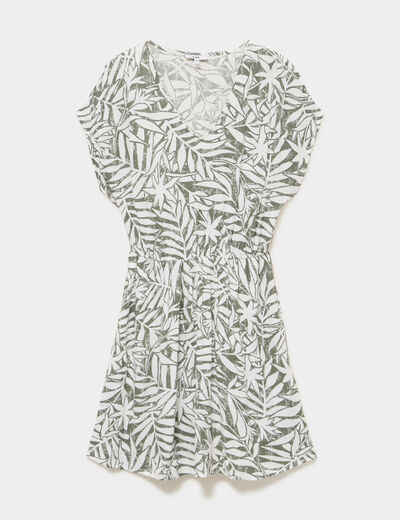 Robe caftant courte col en V vert kaki femme