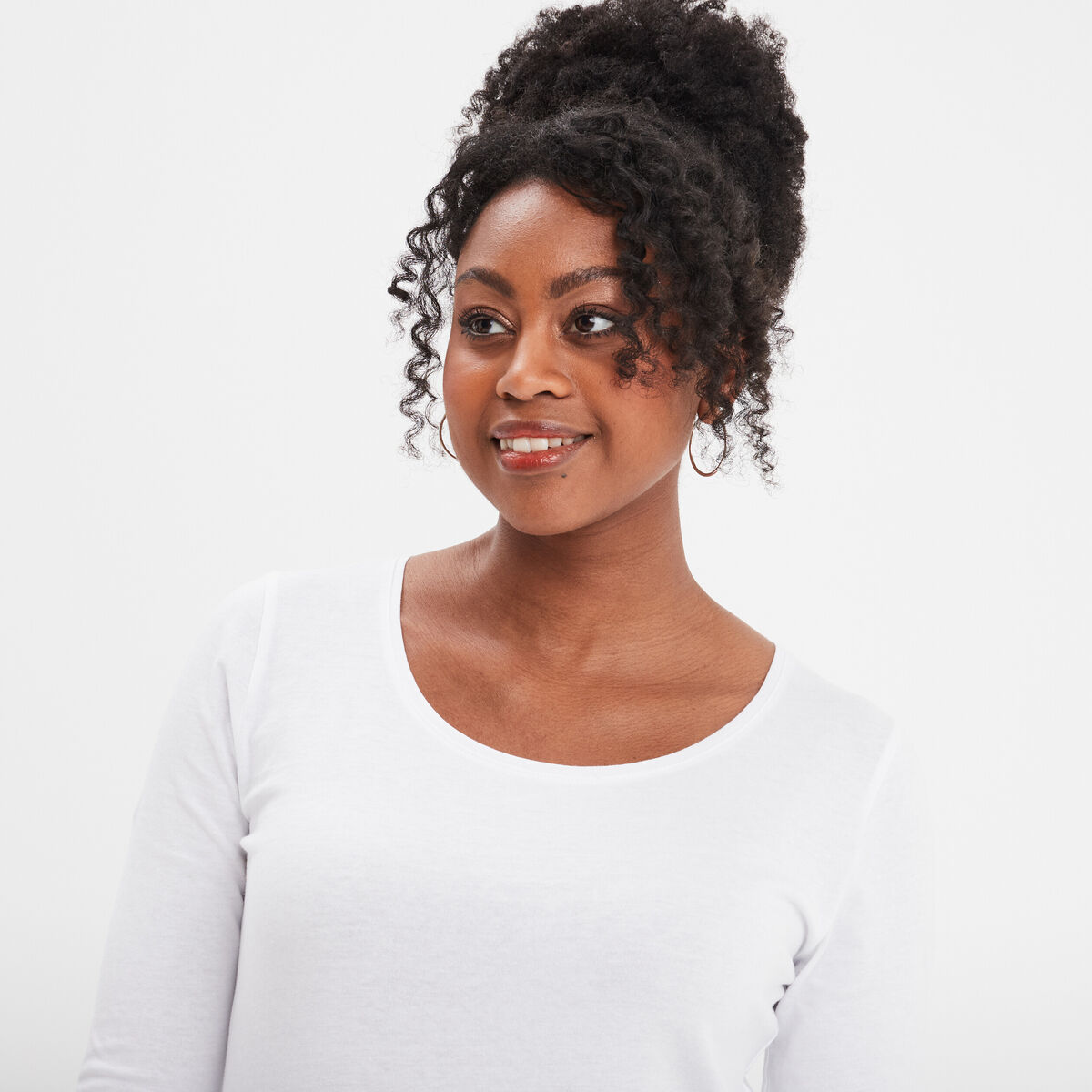 T-shirt coton col rond manches longues blanc femme
