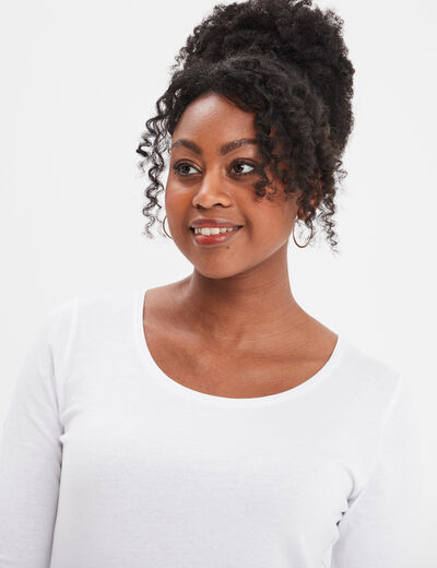 T-shirt coton col rond manches longues blanc femme