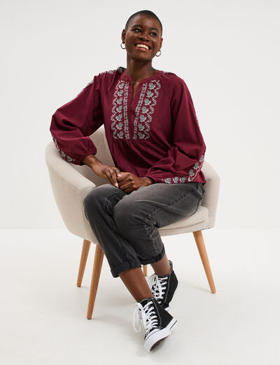 Blouse brod&eacute;e oversize coton bordeaux femme