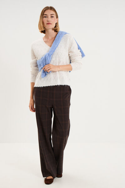 Pull col V ajour&eacute; manches longues blanc femme