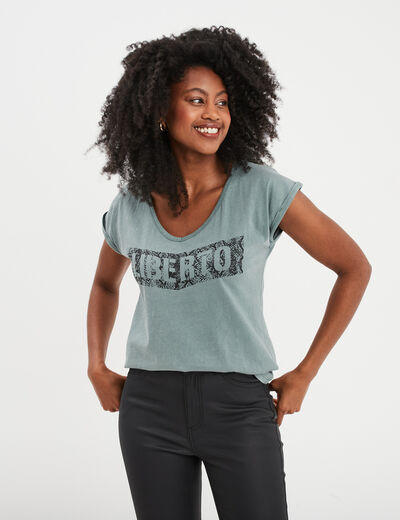 T-shirt délavé en coton Liberto vert foncé femme