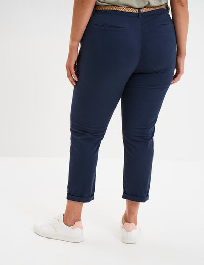 Pantalon chino cigarette ceinturé coton bleu marine femme grande taille