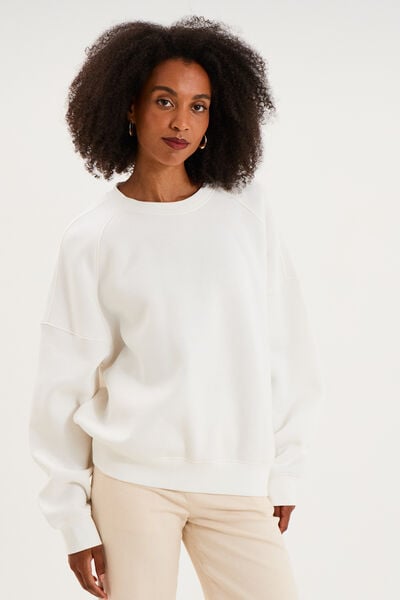 Sweat col rond oversize manches longues blanc femme