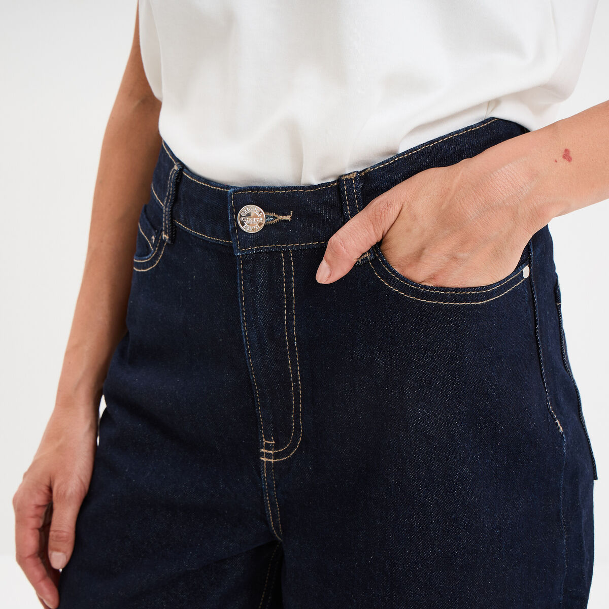 Jean balloon taille haute cropped coton denim brut femme