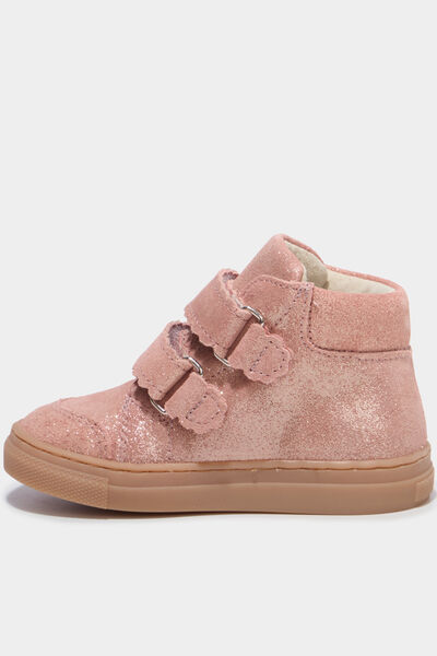 Bottillons &agrave; scratchs en cuir rose b&eacute;b&eacute; fille