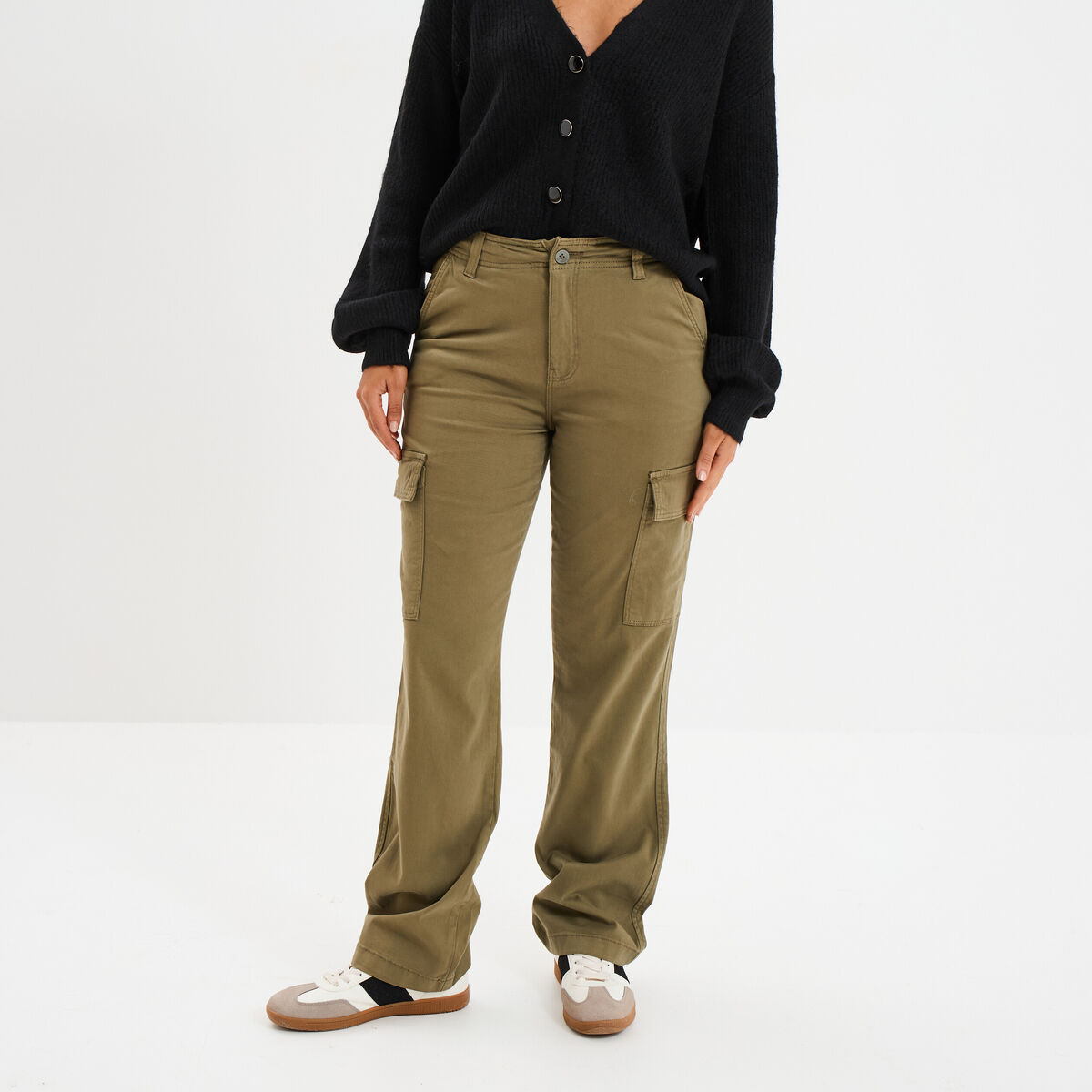 Pantalon cargo droit vert kaki femme