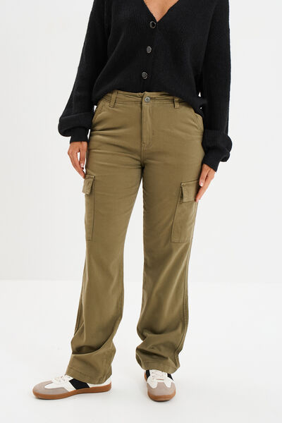 Pantalon cargo droit vert kaki femme
