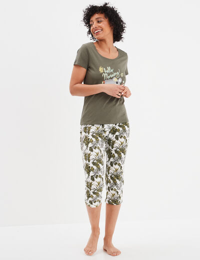 Ensemble pyjama corsaire 2 pièces coton vert kaki femme