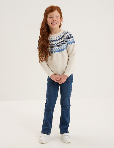 Pull jacquard col rond manches longues ecru fille