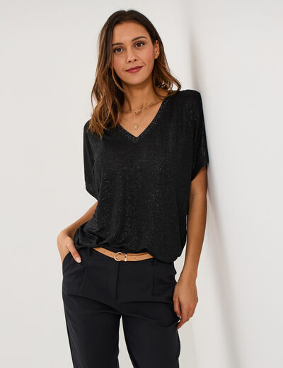 T-shirt fluide &eacute;paules d&eacute;nud&eacute;es col en V noir femme