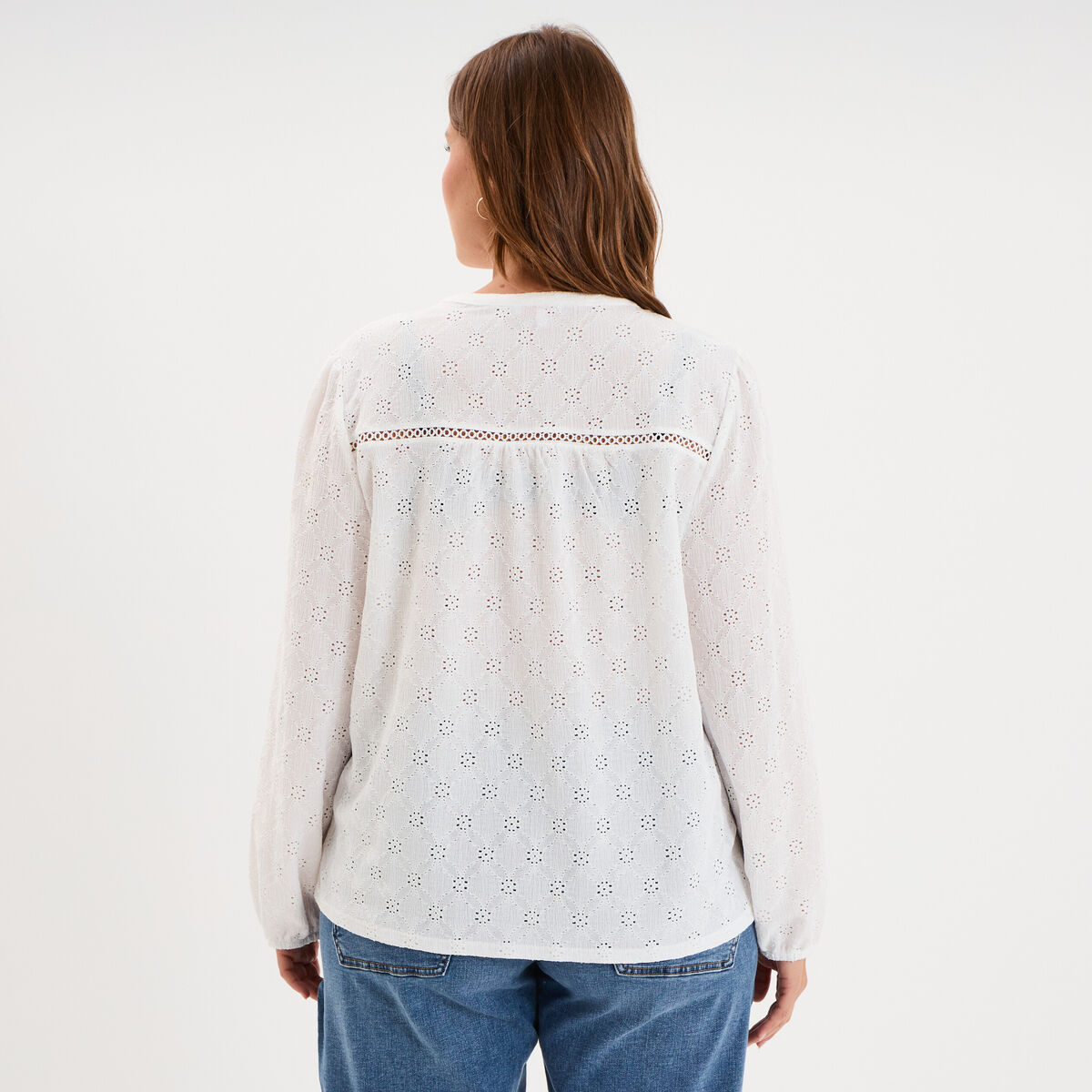 Blouse ajour&eacute;e manches 3/4 col tunisien blanc femme grande taille