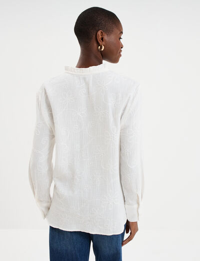 Blouse brod&eacute;e manches longues coton blanc femme