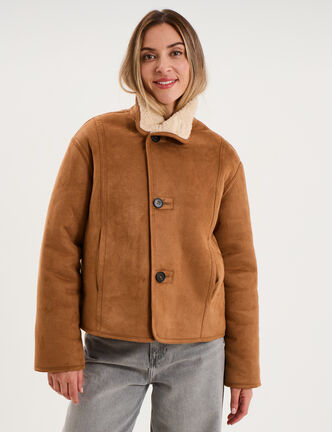 Veste su&eacute;dine r&eacute;versible polaire camel femme