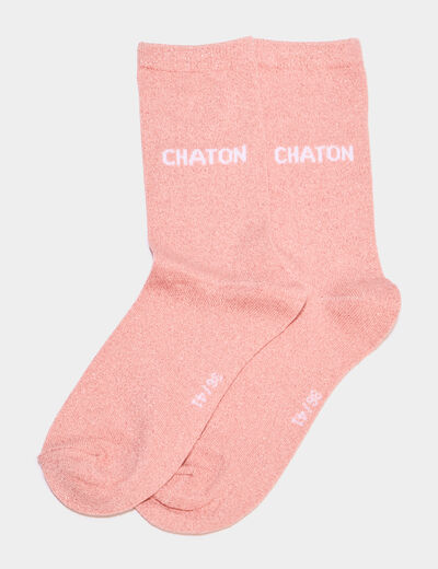 Chaussettes &agrave; fils m&eacute;tallis&eacute;s mi-hautes rose poudr&eacute;e femme