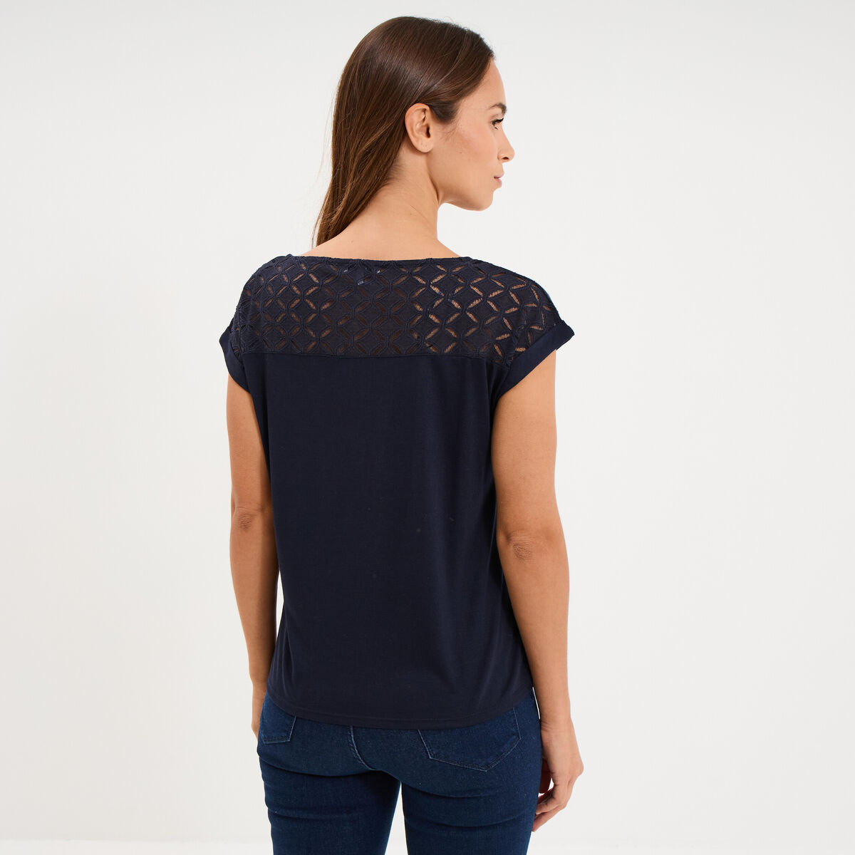 T-shirt col en V ajour&eacute; &eacute;paules et dos bleu fonc&eacute; femme
