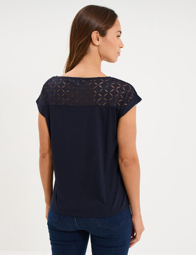 T-shirt col en V ajour&eacute; &eacute;paules et dos bleu fonc&eacute; femme