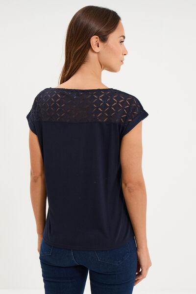 T-shirt col en V ajour&eacute; &eacute;paules et dos bleu fonc&eacute; femme
