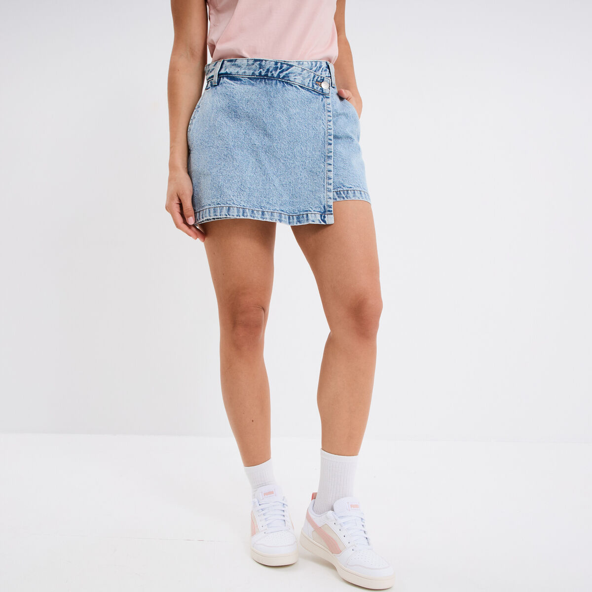 Jupe-short en jean coton denim bleach femme