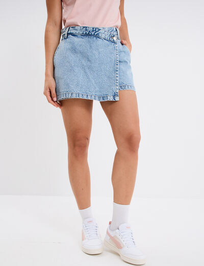 Jupe-short en jean coton denim bleach femme