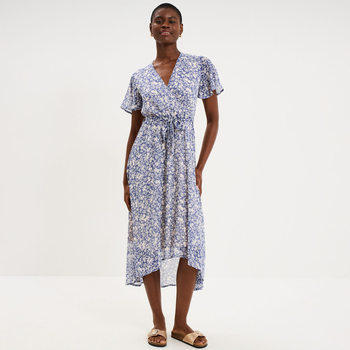 Robe longue &eacute;vas&eacute;e col cache-coeur bleu femme