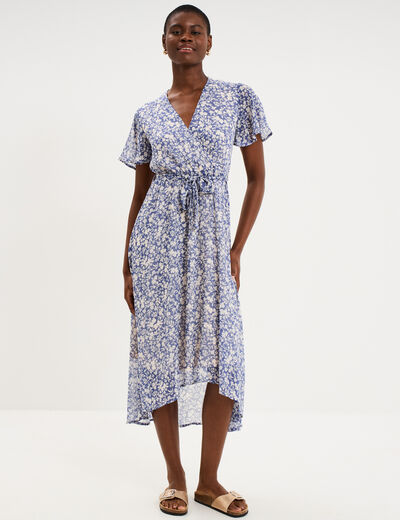 Robe longue &eacute;vas&eacute;e col cache-coeur bleu femme