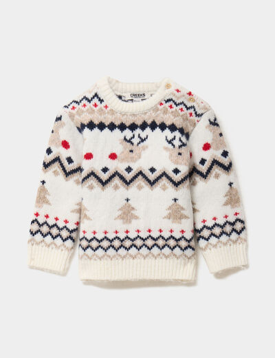 Pull No&euml;l col rond manches longues ivoire b&eacute;b&eacute; gar&ccedil;on