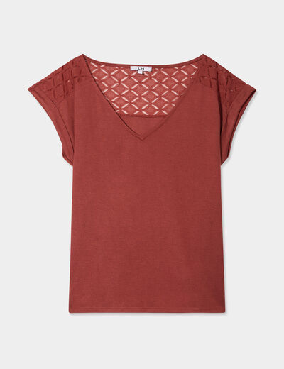 T-shirt col en V dentelle épaules et dos marron cognac femme