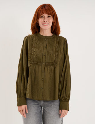 Blouse manches longues galons et fronces vert kaki femme